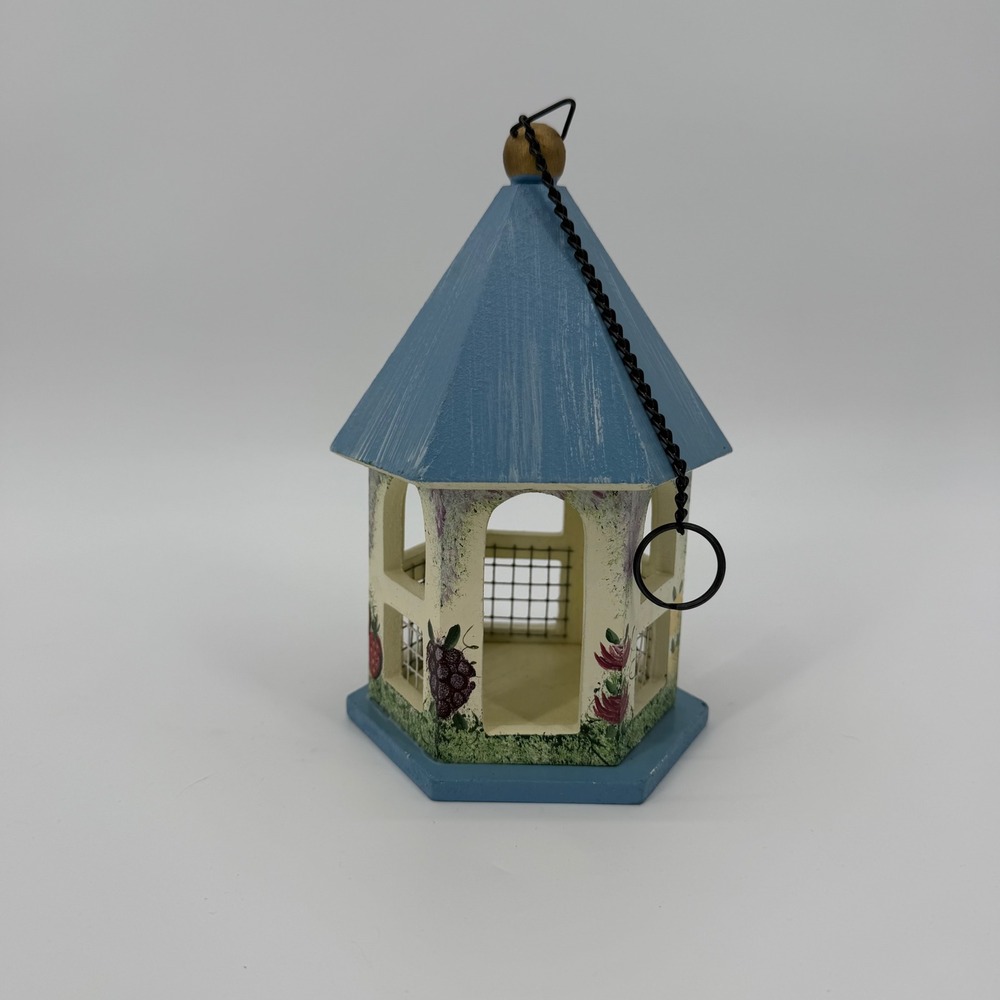 Hand Painted Wooden Birdhouse Blue Gazebo Floral Fruit Garden Decor 7.5 Inch